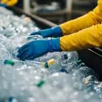 Worker sorting PET plastic bottles for recycling at Rohne Recycling facility